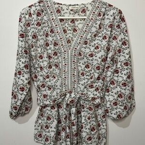 Max Studio Cream and Red Wrap style Blouse with 3/4 Sleeves